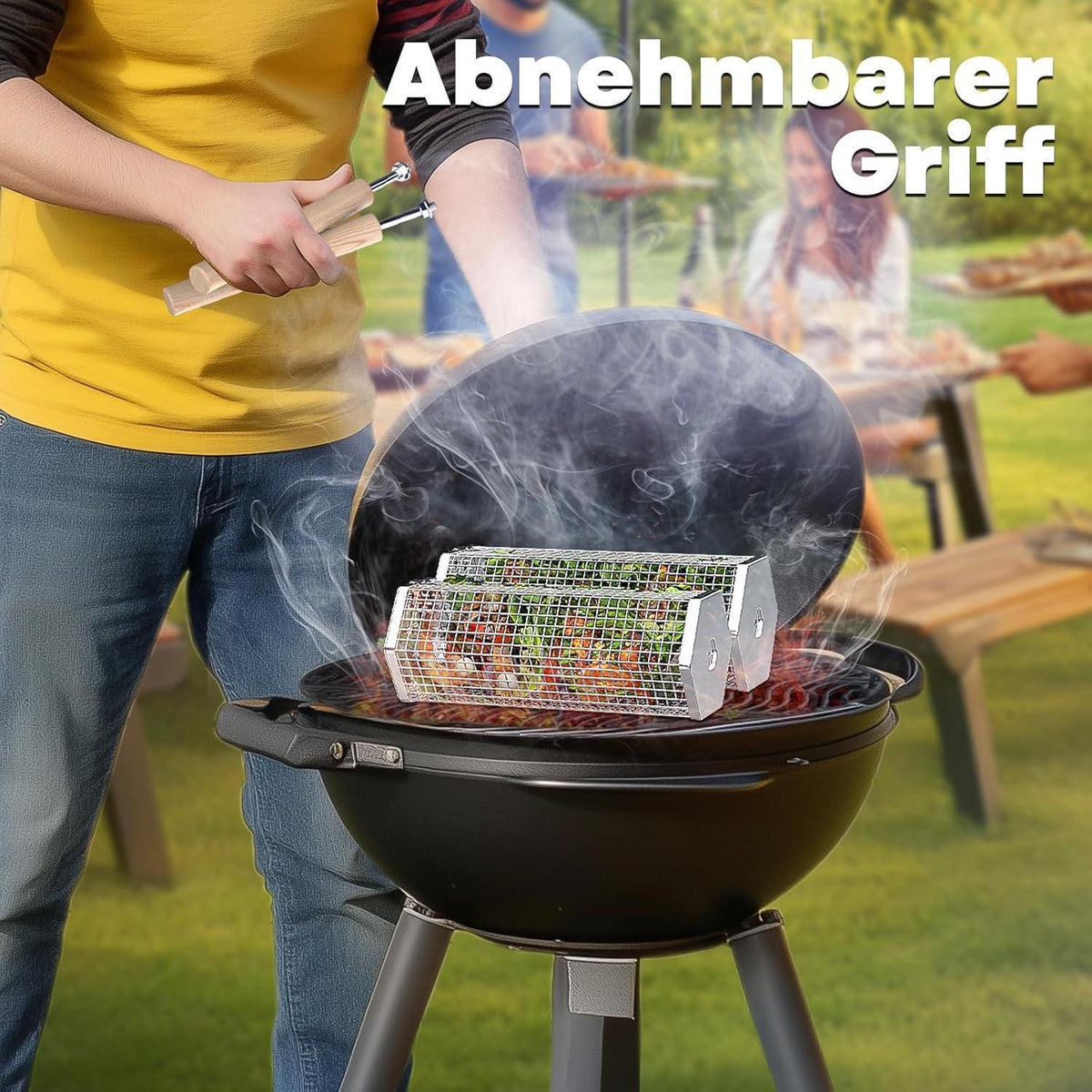Rollender Grillkorb aus Edelstahl mit Holzgriff, 2 Sechseckig