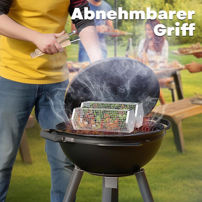 Rollender Grillkorb aus Edelstahl mit Holzgriff, 2 Sechseckig