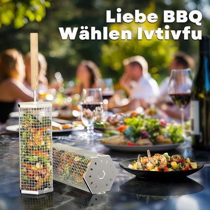 Rollender Grillkorb aus Edelstahl mit Holzgriff, 2 Sechseckig