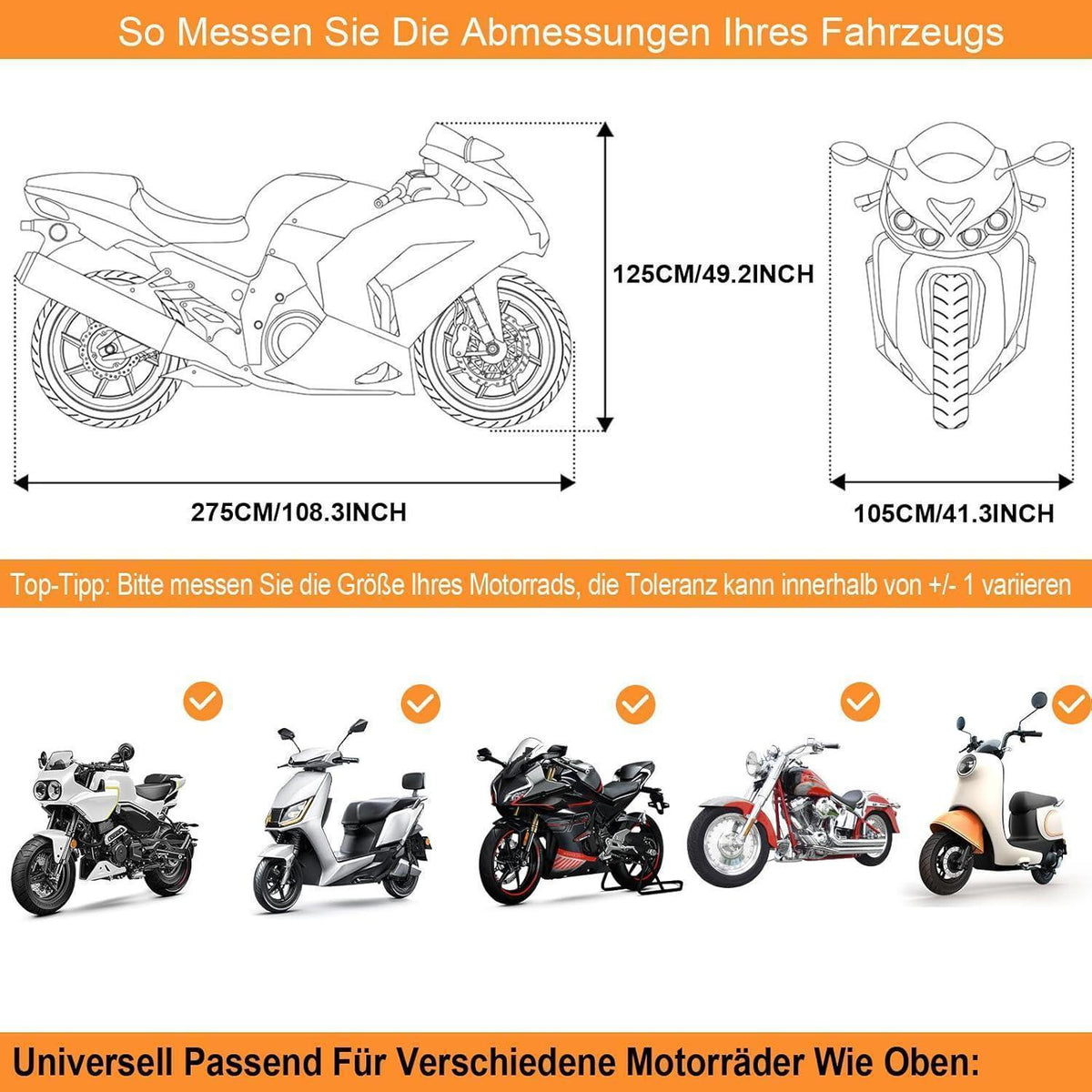 Motorrad Abdeckplane Winterfest Wasserdicht 275x105x125cm