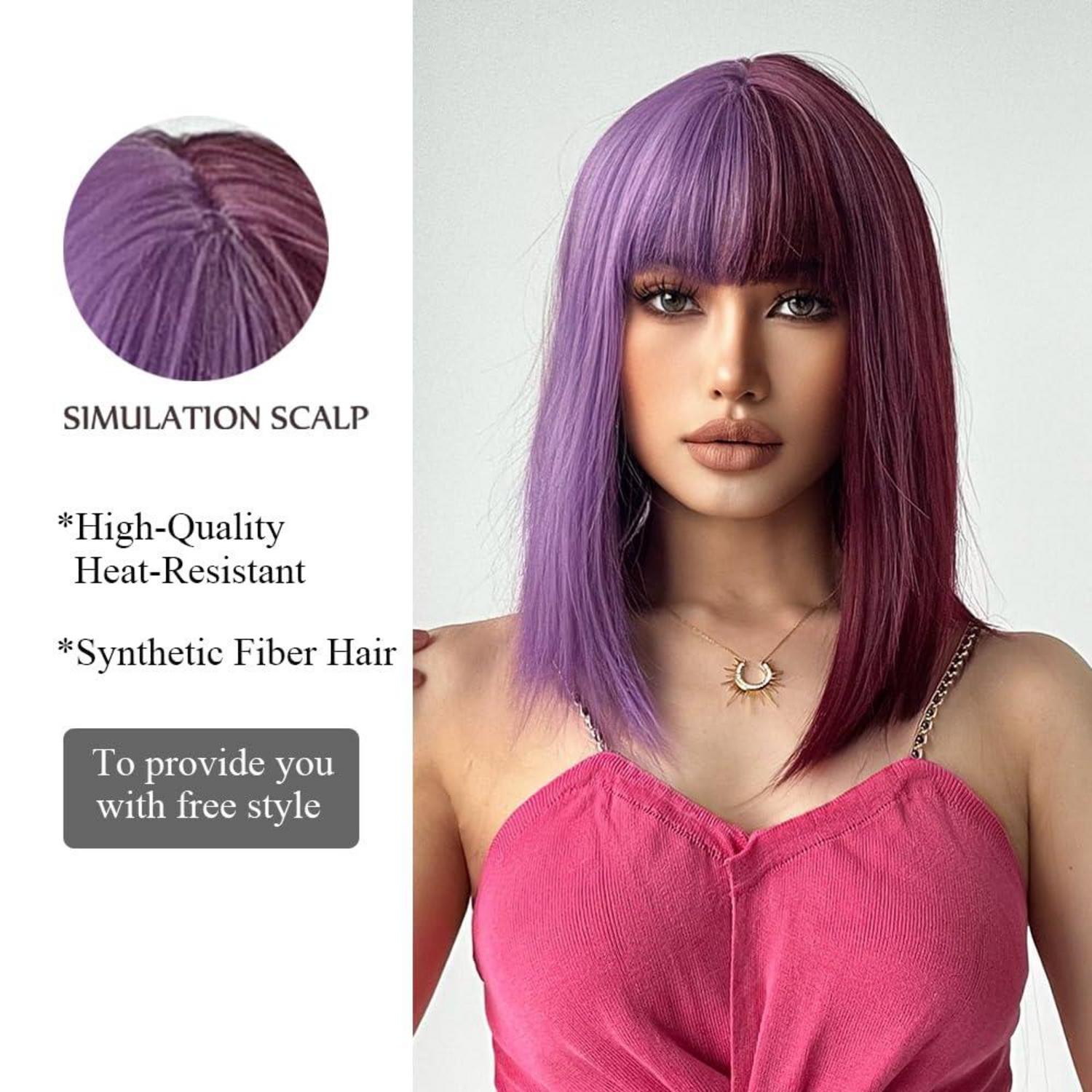 OUFEI Damen Perücke Bob halb lila halb weinrot mit Pony synthetisches Haar für Cosplay Party tragen