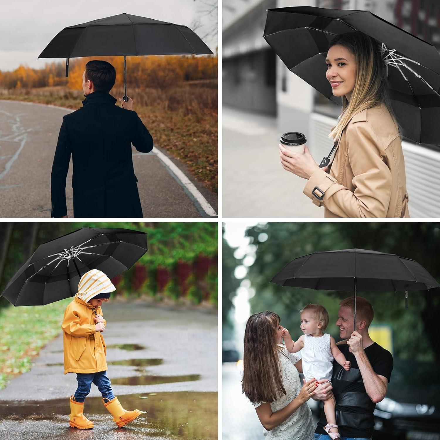 Herreicher Regenschirm Sturmfest 2024 Taschenschirm Groß Winddicht Automatikschirm Schwarz