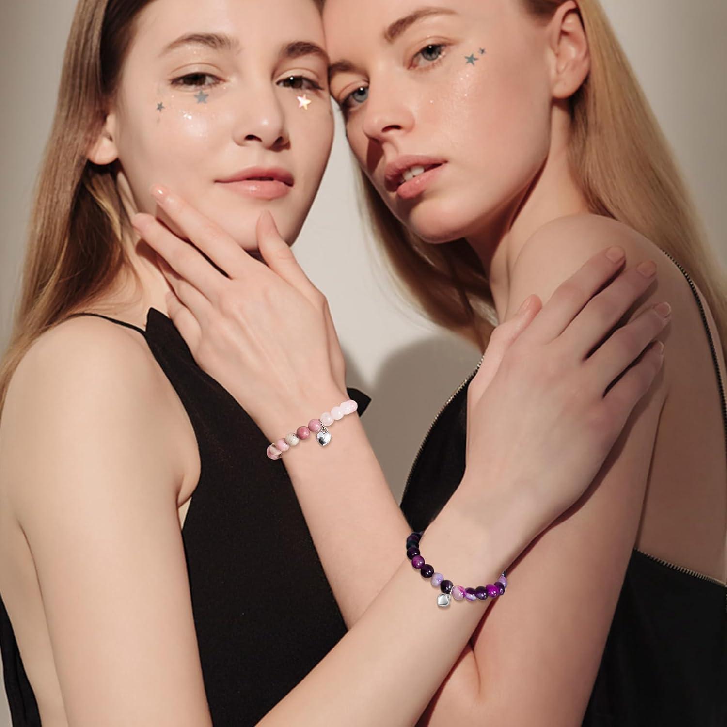 Naturstein Armband Damen Perlen Herz Anhänger Geschenk Mama Schwester