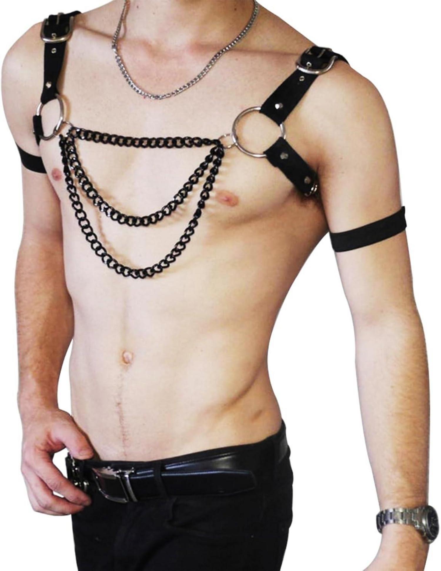 Herren PU Leder Body Brust Harness Bondageset Metallkette