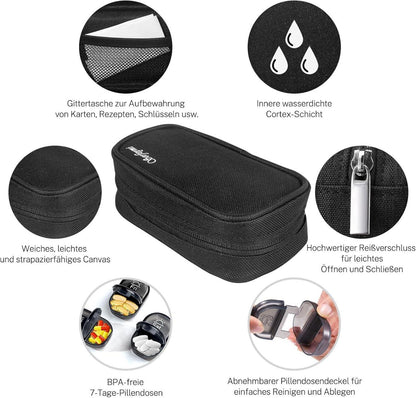 Tablettenbox Organizer 7 Tage Pillendose Schwarz Canvas Tasche