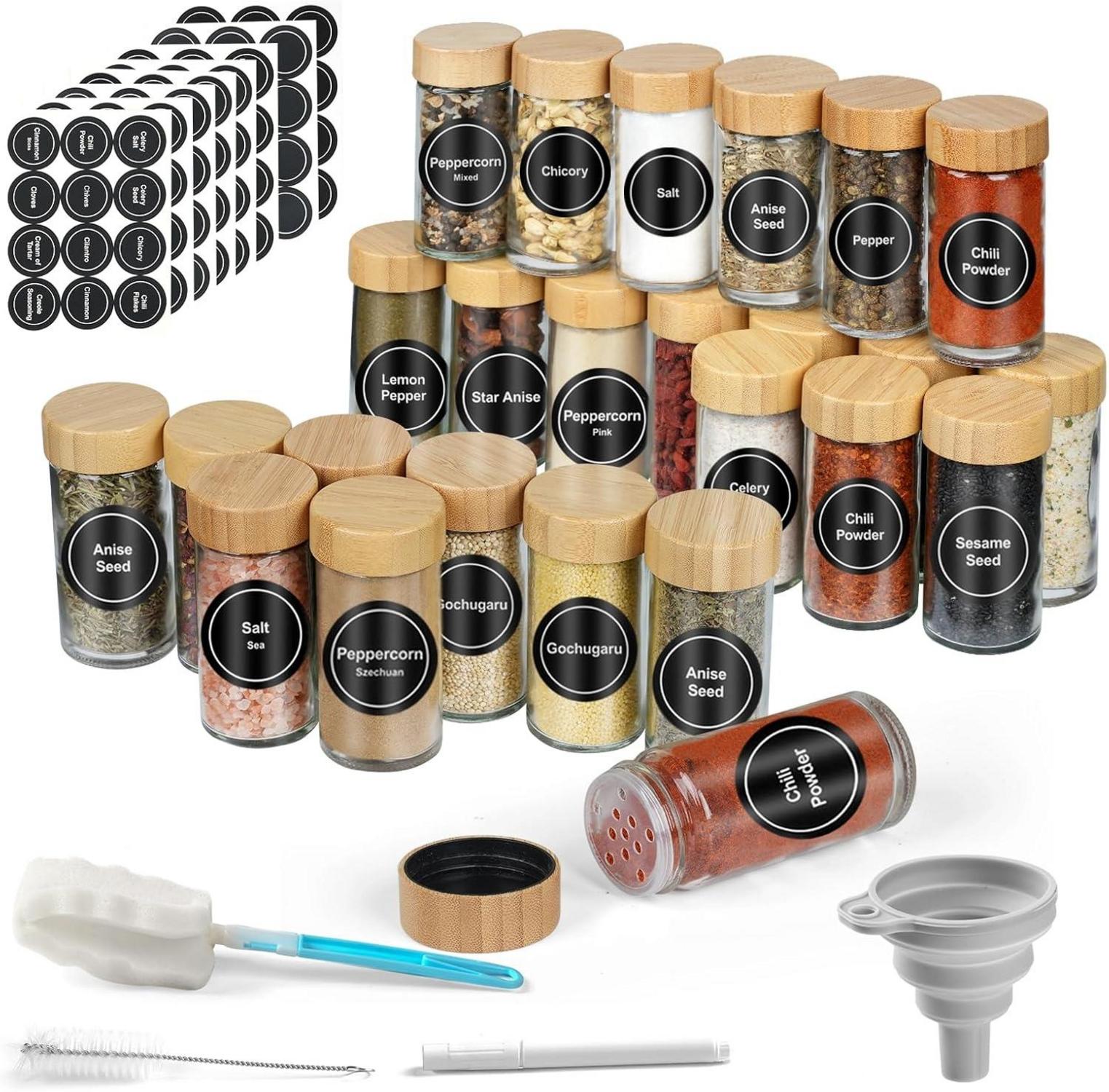 24x 100ml Gewürzgläser mit Streueinsatz, Holzdeckel & Etiketten