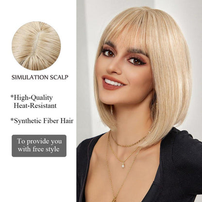 Blonde Bob Perücke mit Pony Kurze gerade Synthetische Haar Perücke für