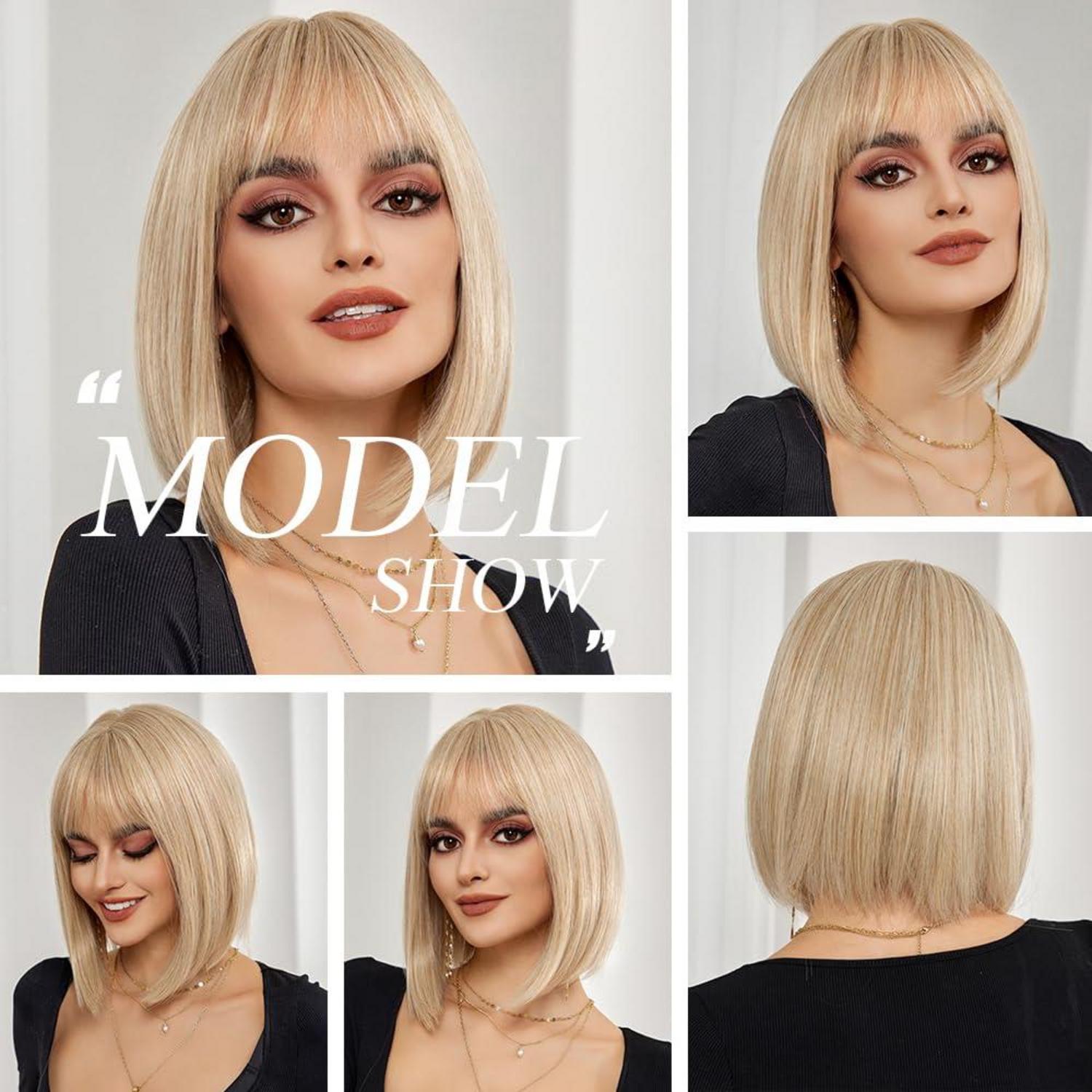 Blonde Bob Perücke mit Pony Synthetisches Haar für tägliche Party