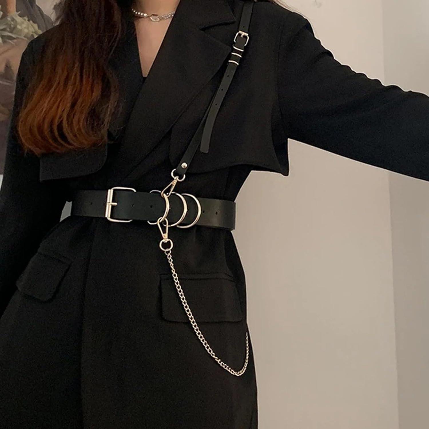 Gothic Punk Damen Taillengürtel Leder Harness Schwarz Kettengürtel