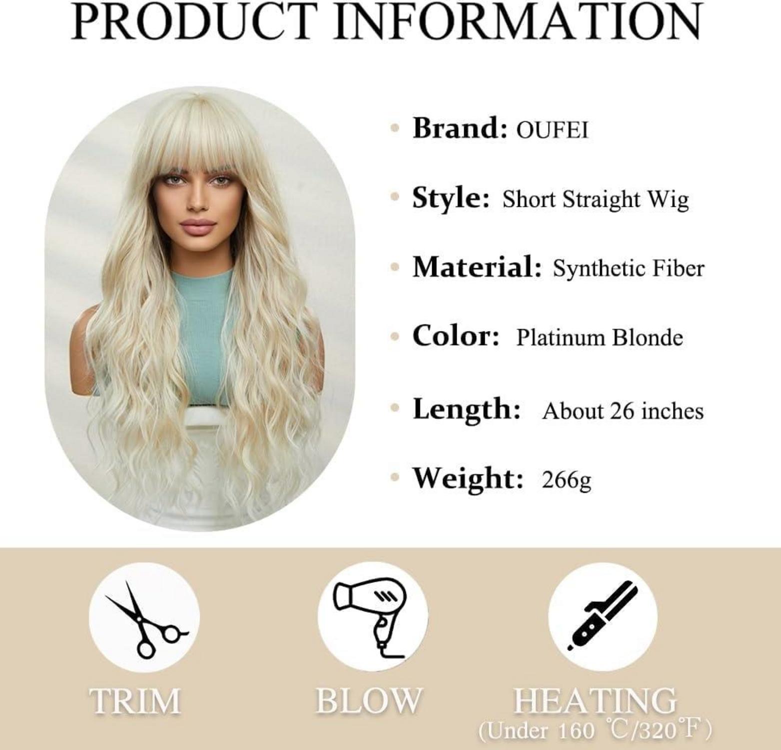 OUFEI Lange Platinblonde Synthetische Perücke mit Pony Damen