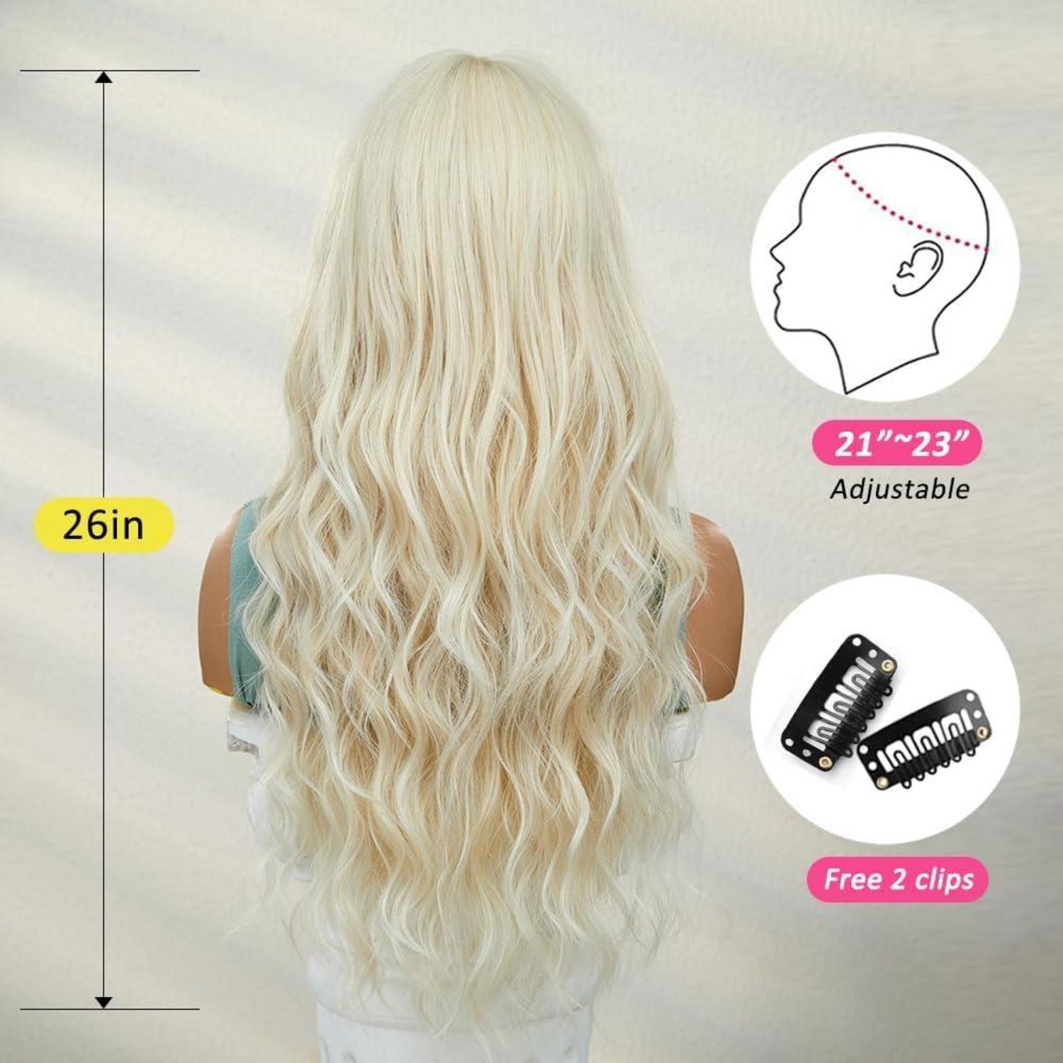 OUFEI Lange Platinblonde Perücke mit Pony Natürliche Synthetische Haare für Frauen Hitzebeständig, Tägliche Party Cosplay Tragen