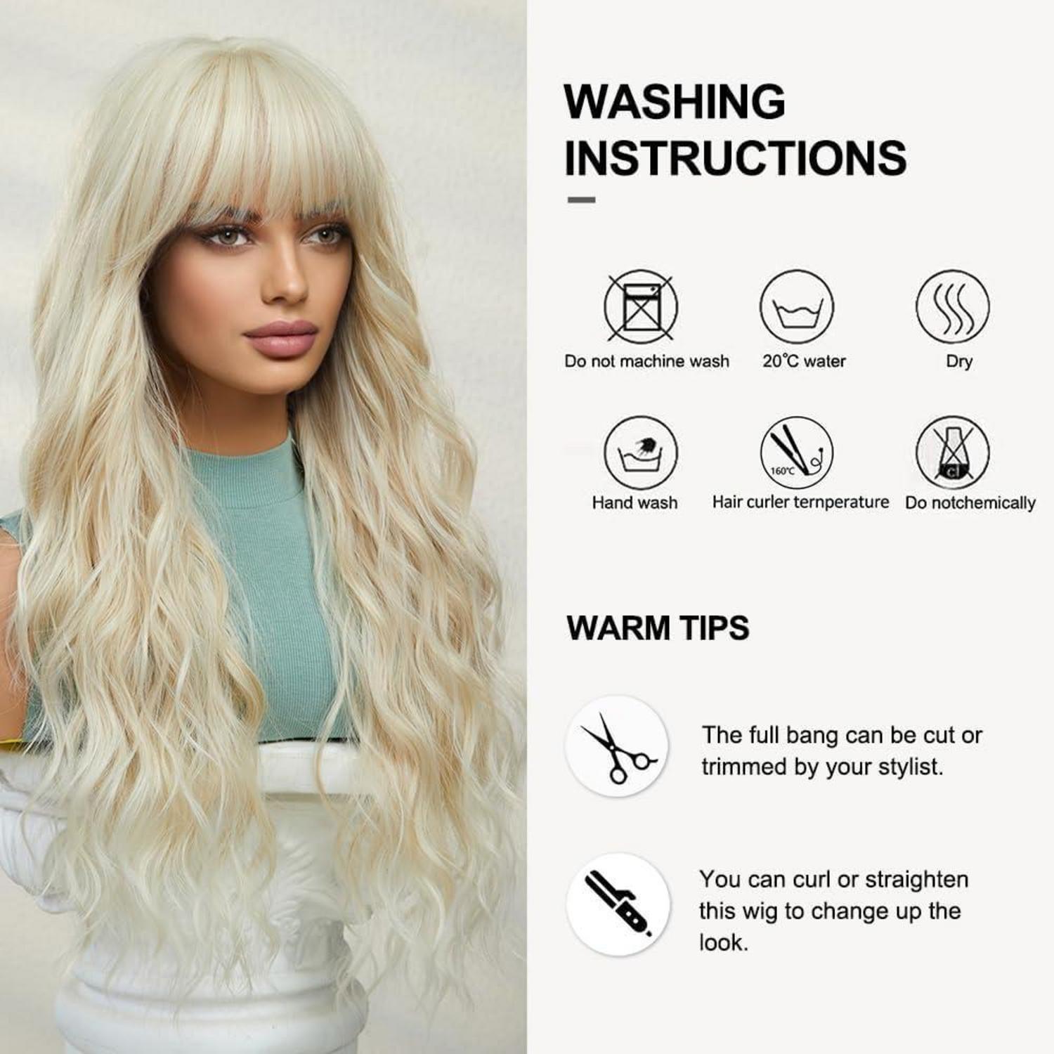OUFEI Lange Platinblonde Perücke mit Pony Natürliche Synthetische Haare für Frauen Hitzebeständig, Tägliche Party Cosplay Tragen