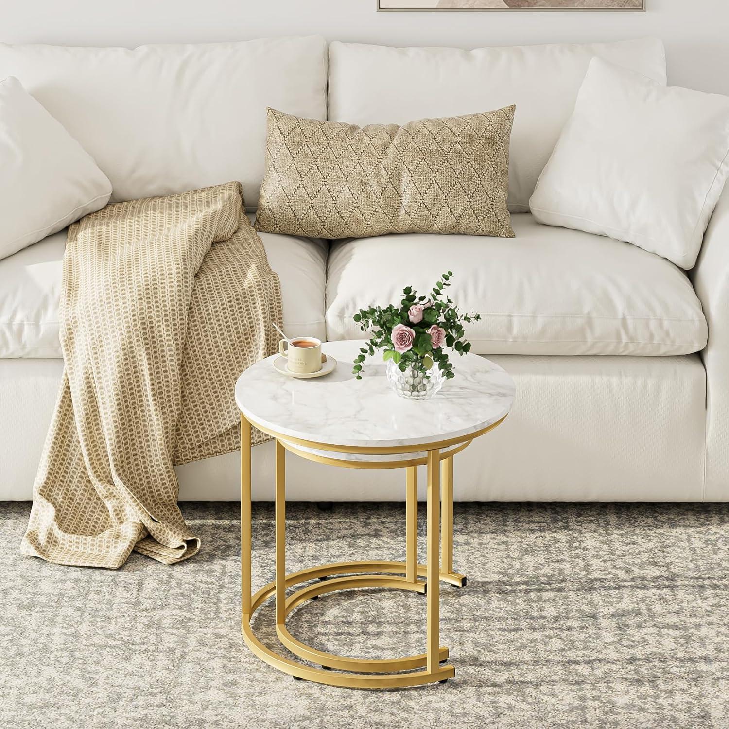 2er Set Couchtisch Rund Gold Metall Marmor-Design Wohnzimmertisch