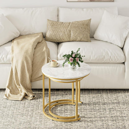 2er Set Couchtisch Rund Gold Metall Marmor-Design Wohnzimmertisch