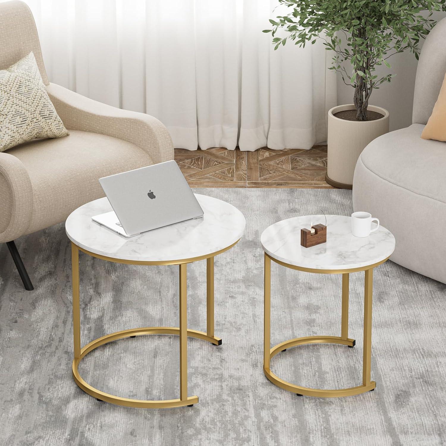 Runder Couchtisch 2er Set Gold Metall Marmor Wohnzimmertisch