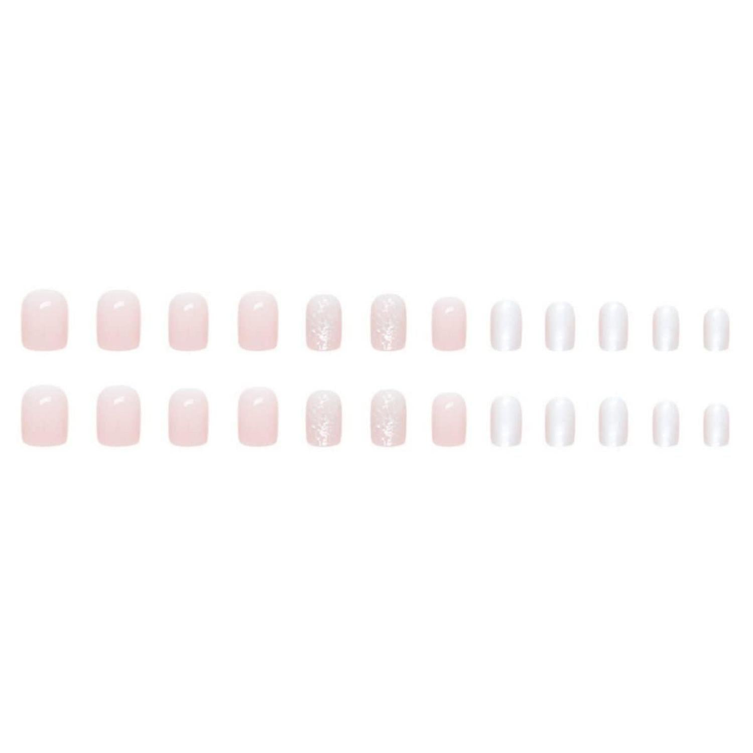 24er Pack Kurze Weiße Eckige Kunstnägel - Glossy Pink French Nails