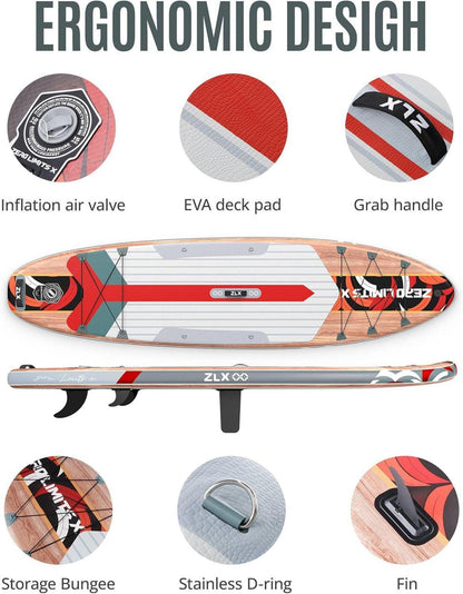 ZLX 320 cm Aufblasbares Stand Up Paddle Board SUP Board für alle Skill Levels Stabiles Design Rutschfestes Deck Adjustabe Paddling Leash Tragetasche