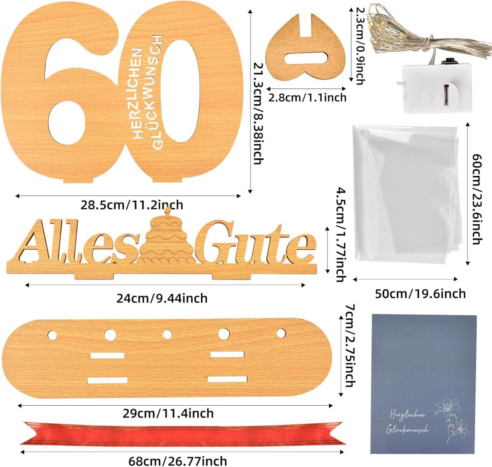Geburtstag Deko Geldgeschenke 60 mit LED Gästebuch Holz