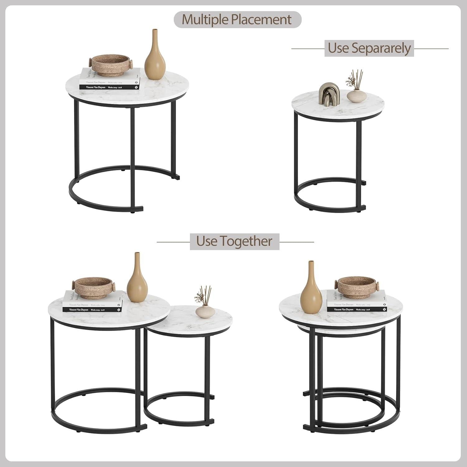Runder Couchtisch 2er Set Schwarz Metall Marble Design
