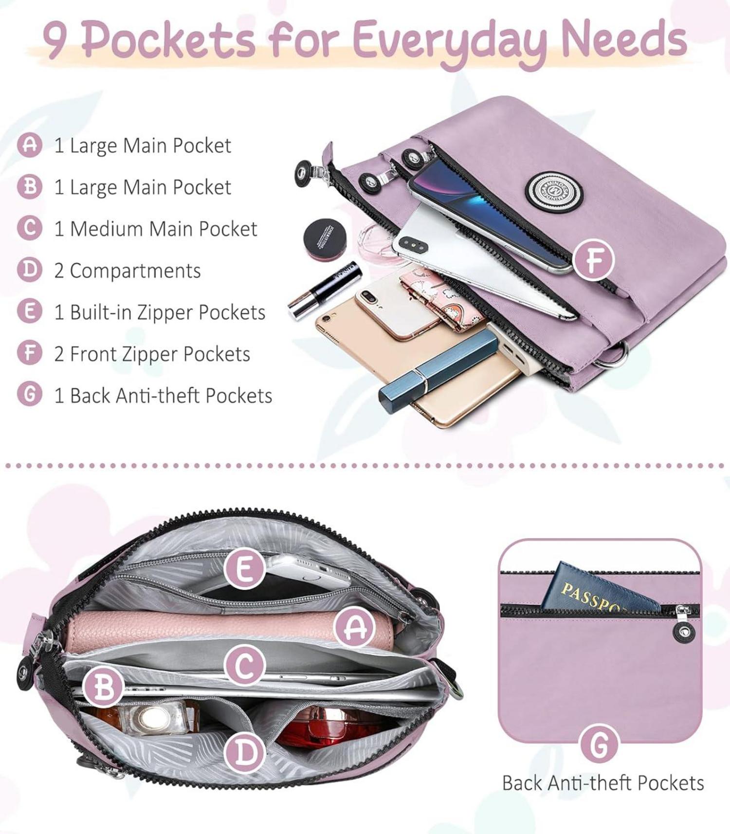 VOBUKE Umhängetasche Damen Nylon Wasserdicht Mittelgroß Crossbody Bag Lila
