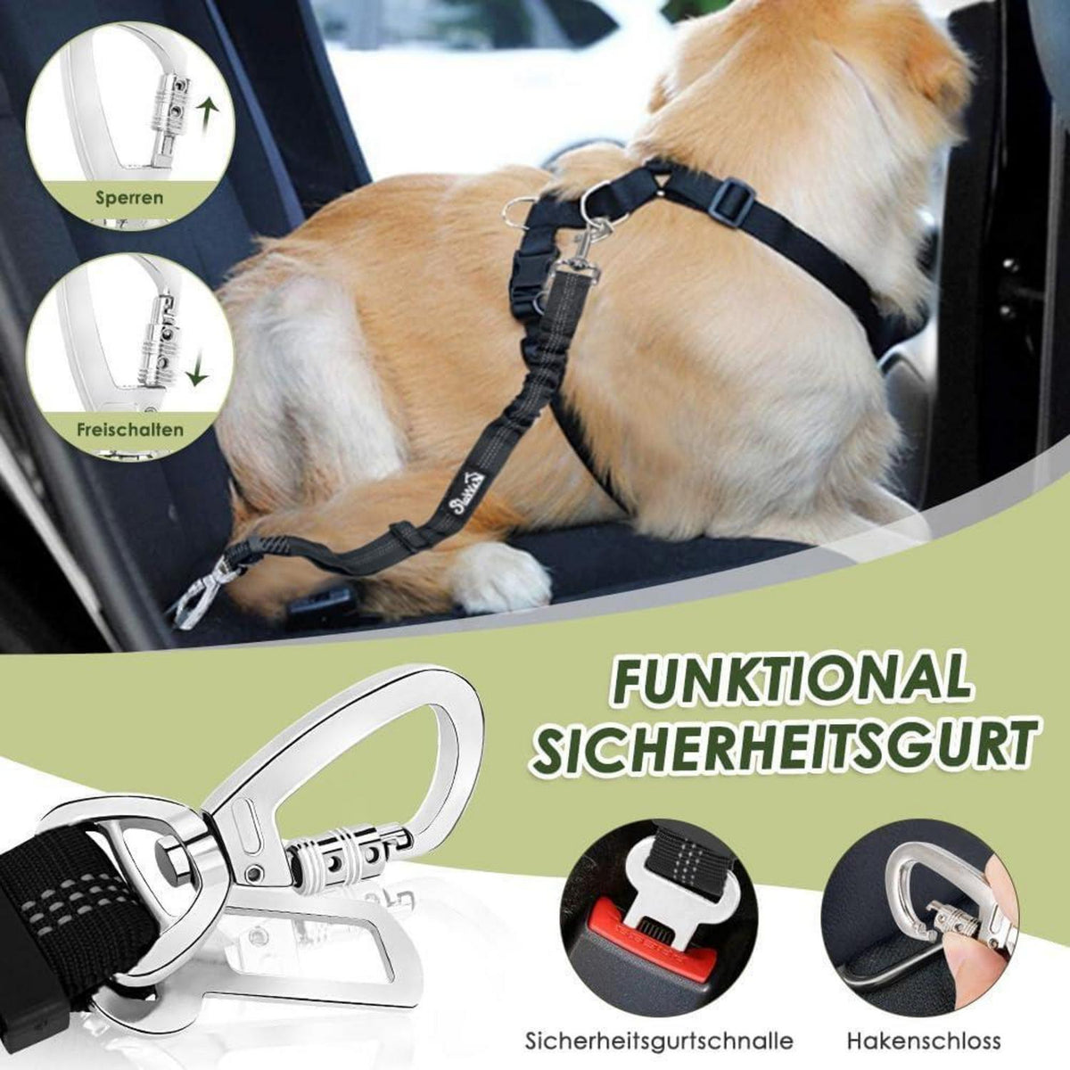 Hundegeschirr Auto Sicherheitsgurt Set – Atmungsaktiv, Grün, S