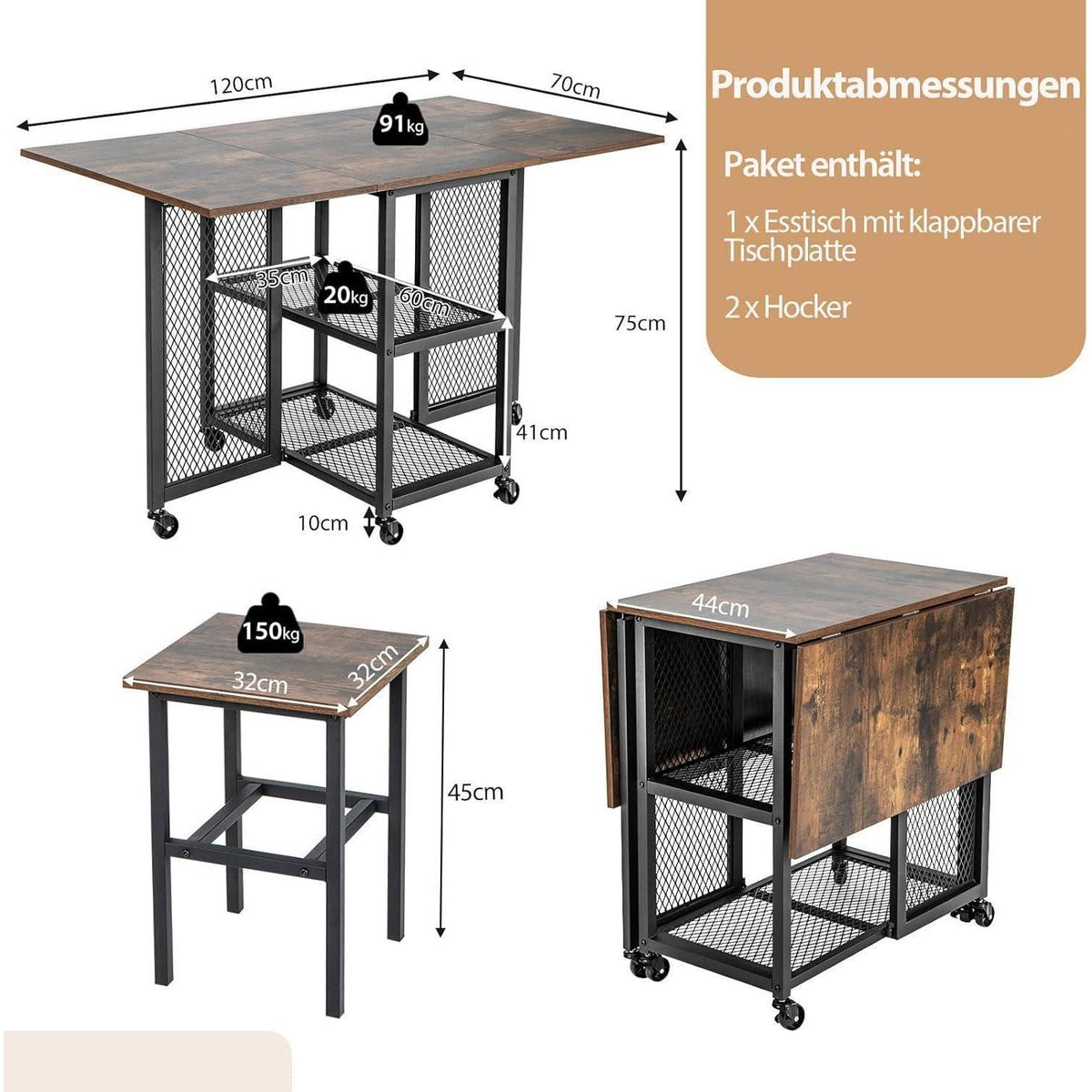 Klappbarer Esstisch Set für 2 Personen mit Rollen & Ablagen