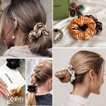 LILYSILK 100% Seide Haarringe Damen Pferdeschwanzhalter 5er Pack Taupe Schwarz Kaffee Karamell Schokolade