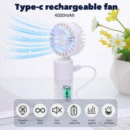 Tragbarer Handventilator mit Wassernebel 4000mAh Mini Ventilator USB 4 Geschwindigkeiten
