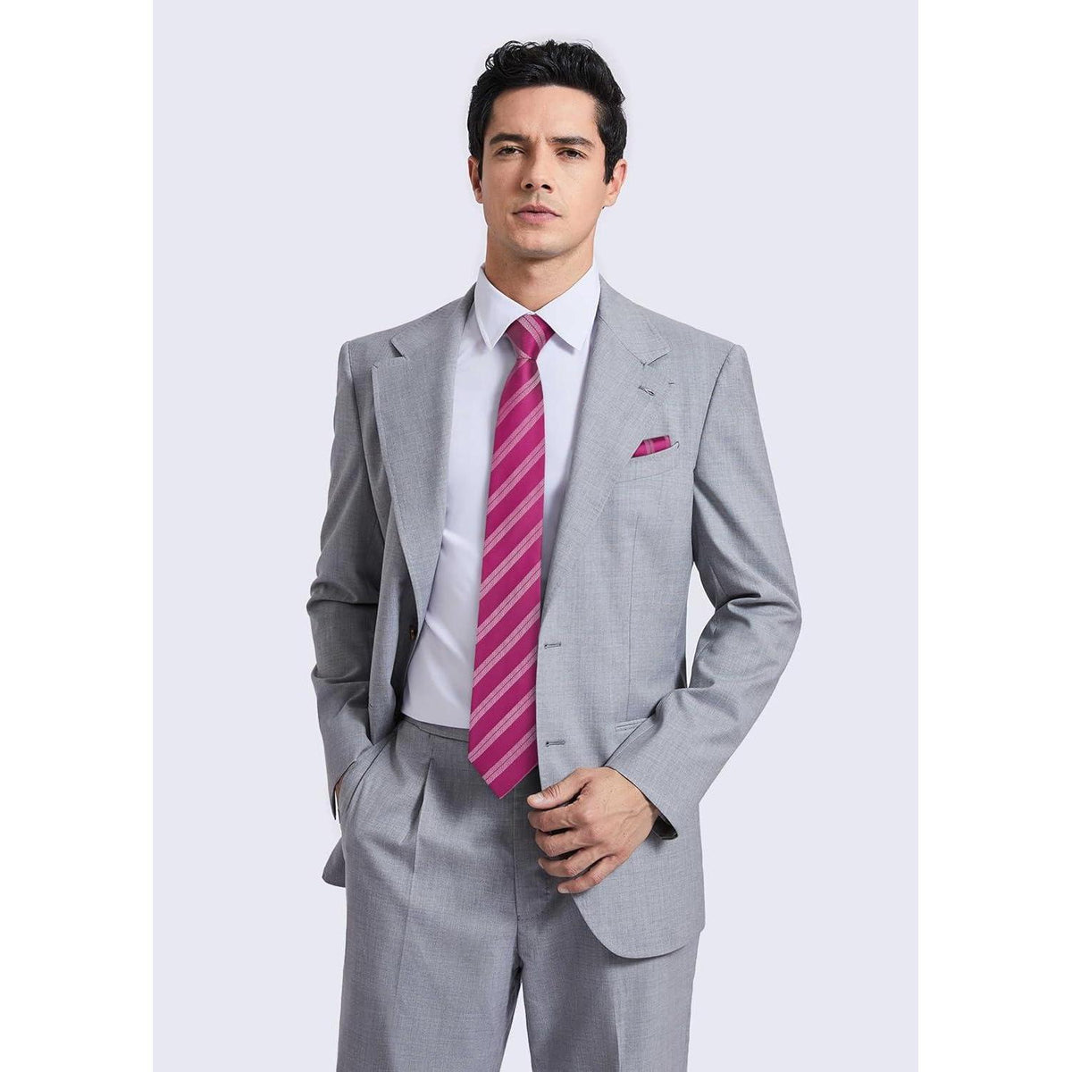 Herren Krawatten-Set mit Einstecktuch, Streifen, Heißes Rosa
