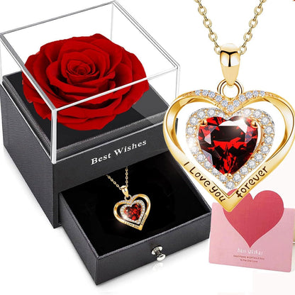 Ewige Rose mit Halskette, Konservierte Blume Geschenkbox Gold