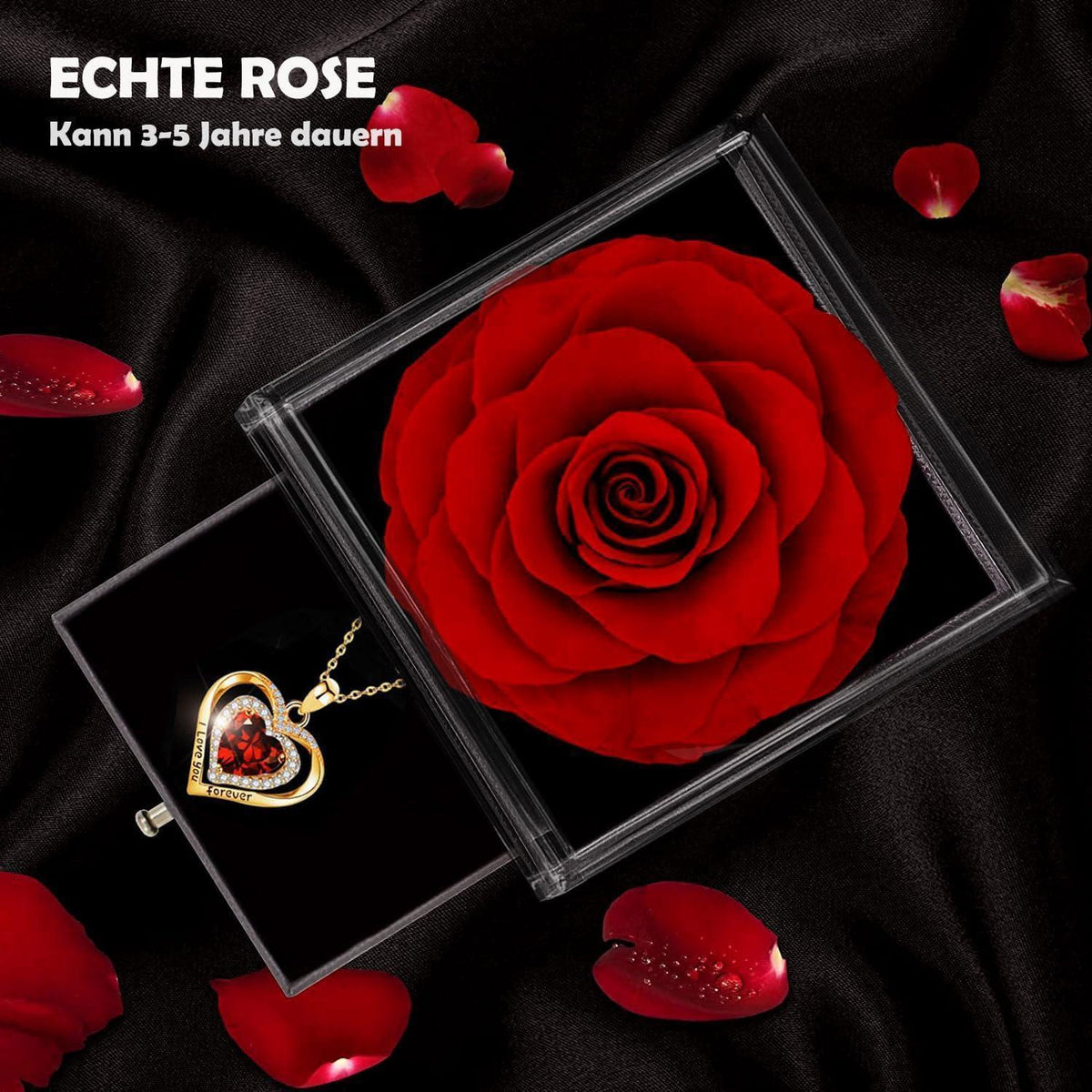 Ewige Rose mit Halskette, Konservierte Blume Geschenkbox Gold