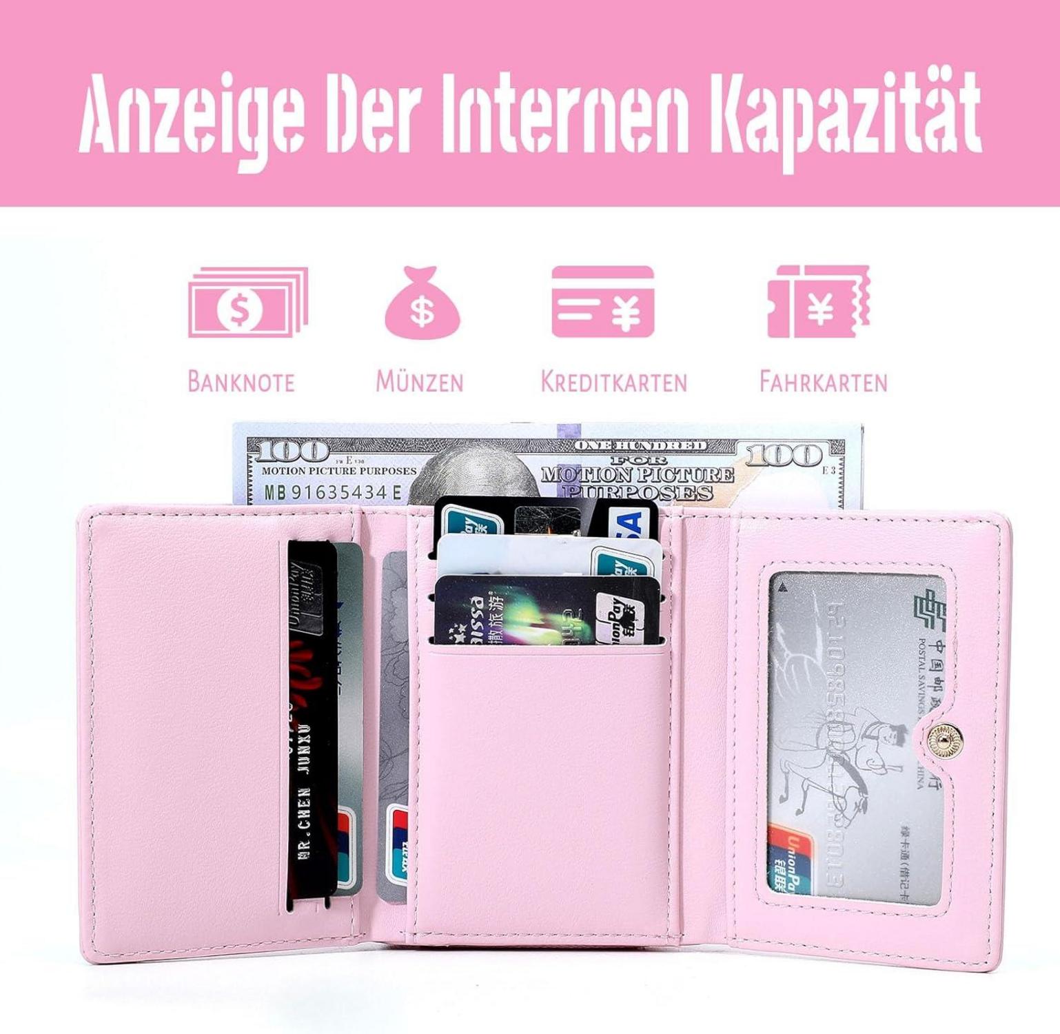 Damen Geldbeutel Klein PU Leder Münzfach 7 Kartenfächer Rosa