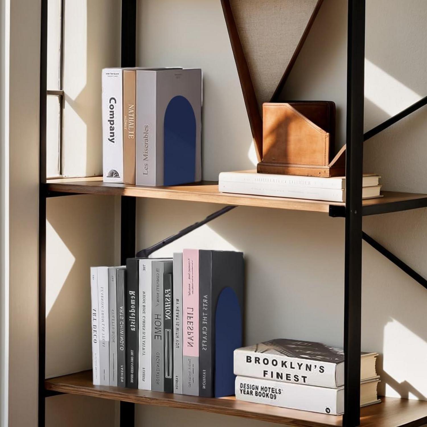 Set of 4 Blue Metal Bookends with Non-Slip Rubber Pads - Durable and Stylish