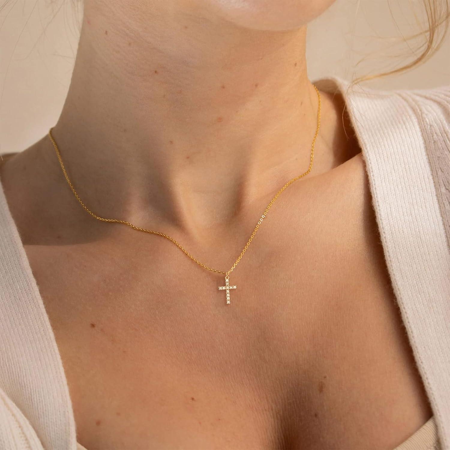 Damen Kreuz Diamant Kette Gold 14K Layered Choker Halskette Modeschmuck