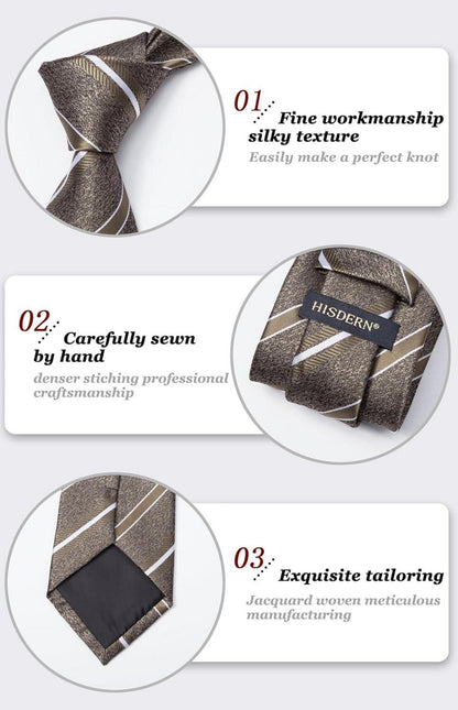 Herren Krawatte und Einstecktuch Set Streifen Hochzeit Formell Braun