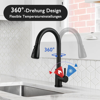 Cieex Schwarz Küchenarmatur Ausziehbar 360° Drehbar +3 Modi