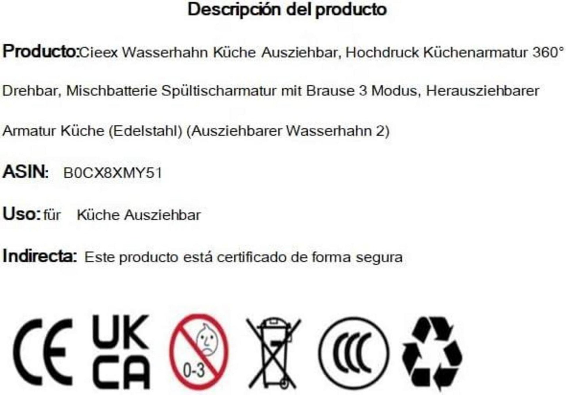 Cieex Schwarz Küchenarmatur Ausziehbar 360° Drehbar +3 Modi