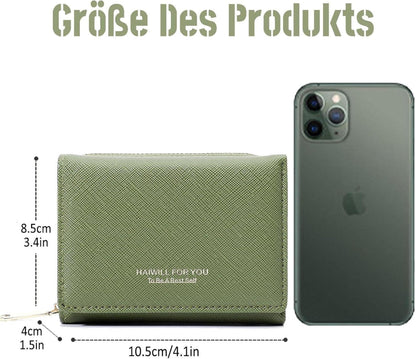 Damen Geldbeutel Klein Saffiano Leder Münzfach 7 Kartenfächer Grün