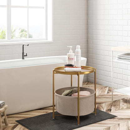 Runder Beistelltisch mit Stoffkorb in Gold, abnehmbares Tablett