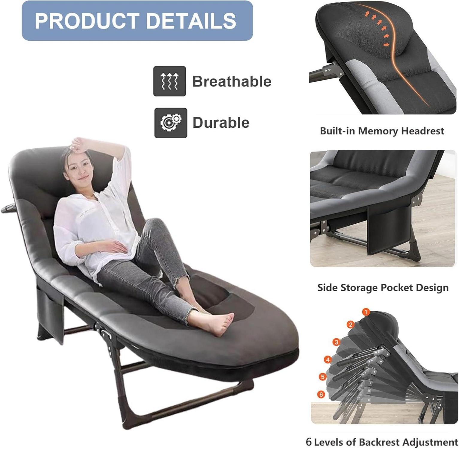 Sonnenliege Klappbar 6-Positionen Verstellbar mit Seitentasche, Campingbett