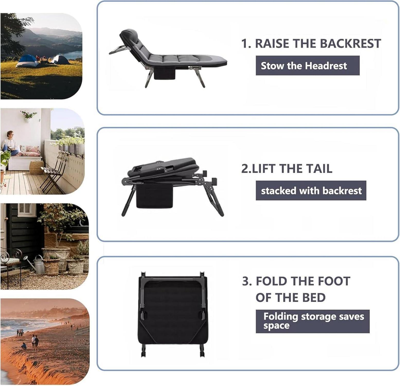 Sonnenliege Klappbar 6-Positionen Verstellbar mit Seitentasche, Campingbett