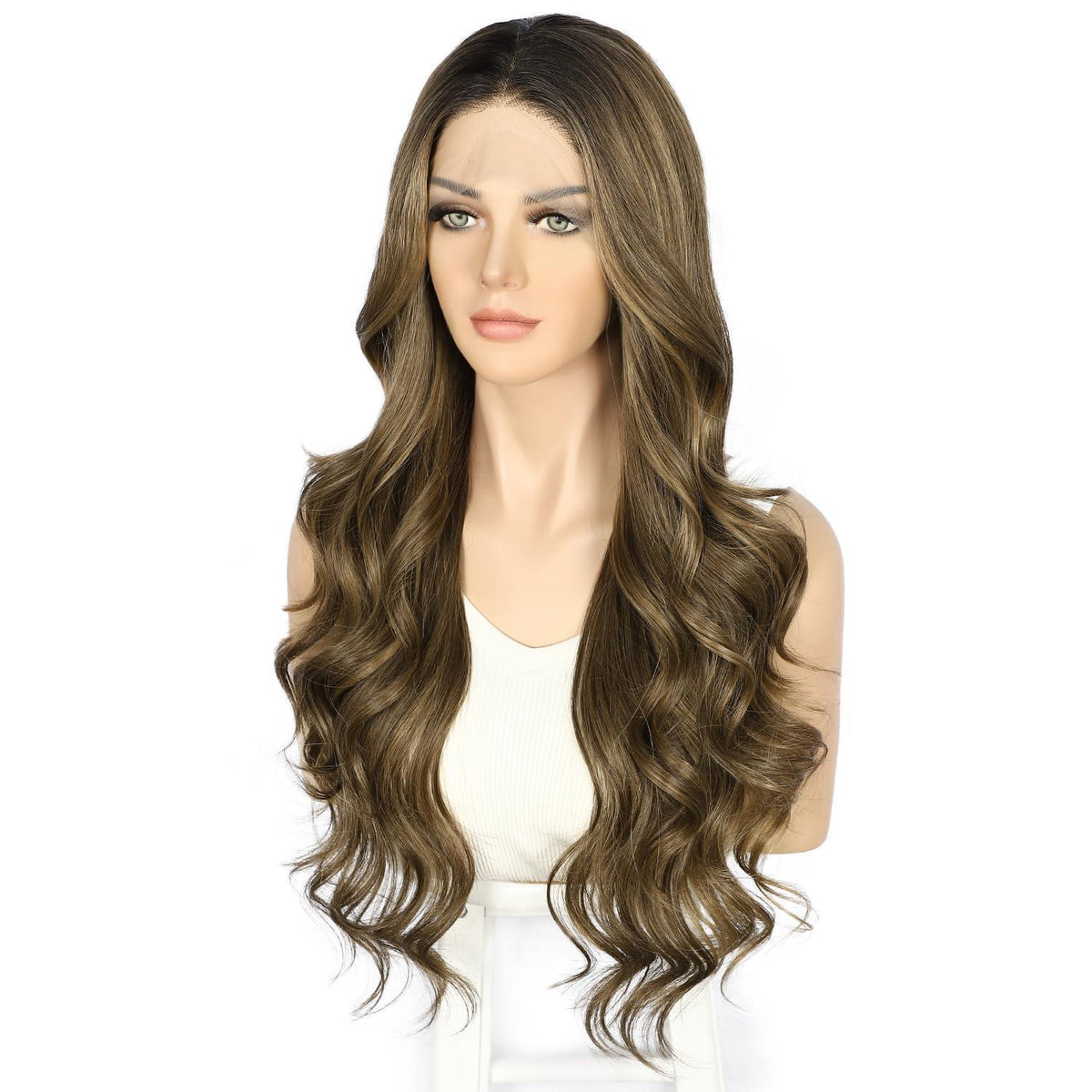 Synthetische Körperwelle Perücke Goldbraun Balayage 26 Zoll
