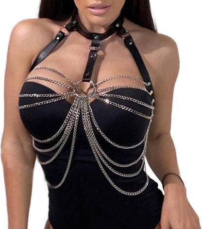 Körperkette Leder Harness Brust Geschirr Schwarz Layered BH BDSM