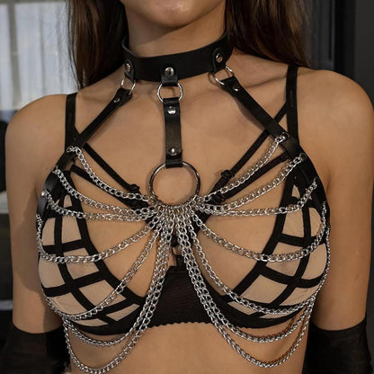 Damen Körperkette Schwarz Leder Harness Einstellbar Gothic BDSM Bondage