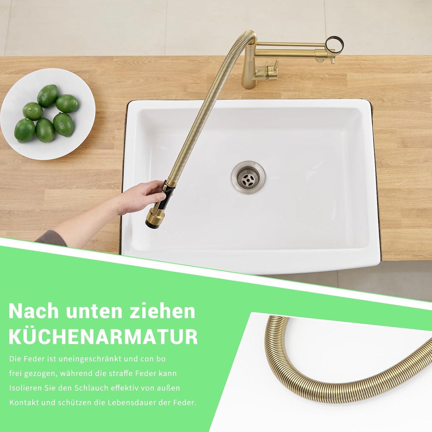 Große Küchenarmatur mit Spiralfeder 360° schwenkbar - Hochdruck Gold