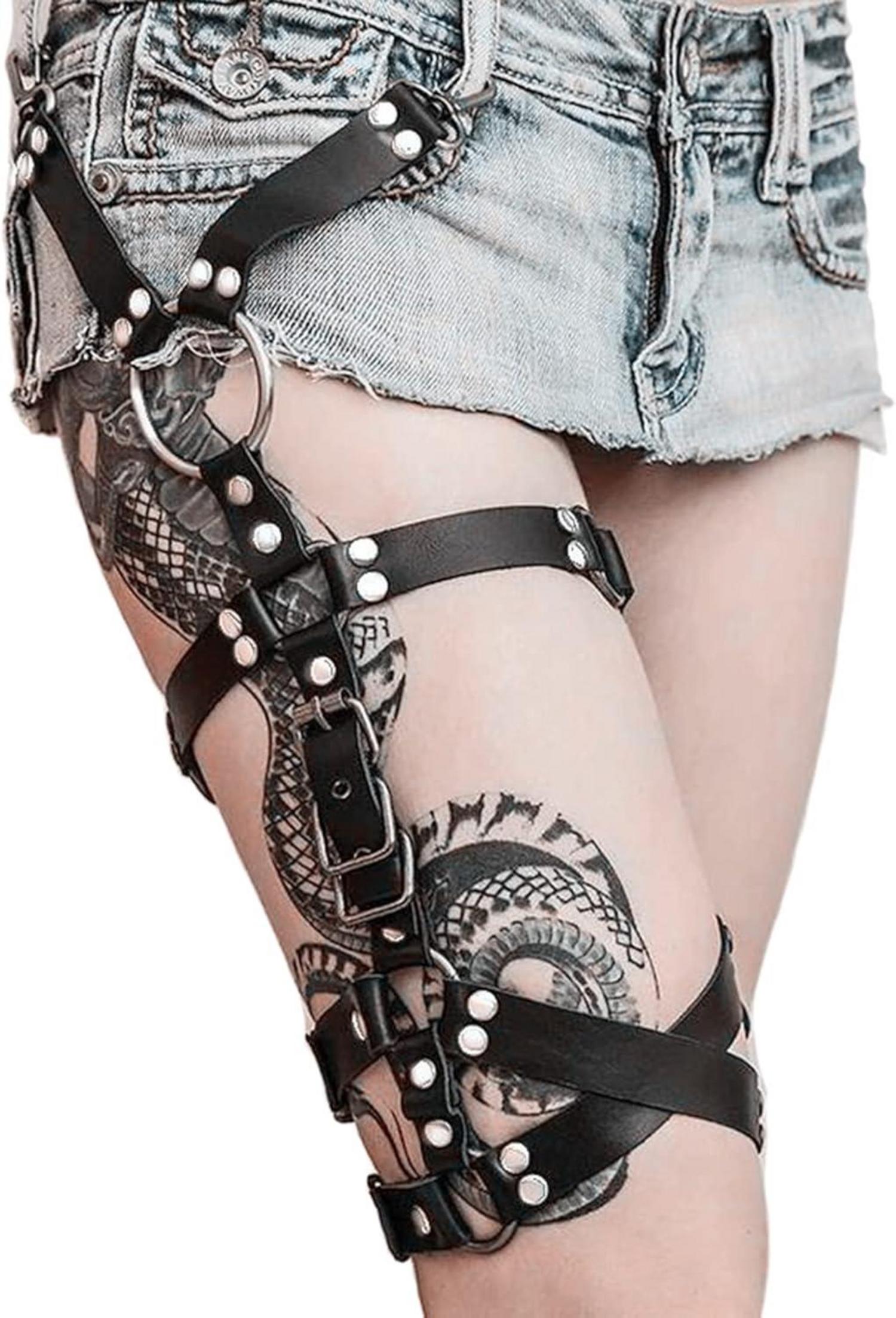 Schwarzes Punk PU Leder Strumpfband Oberschenkel-Ring - Einstellbar