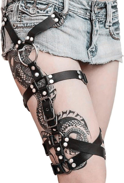 Schwarzes Punk PU Leder Strumpfband Oberschenkel-Ring - Einstellbar
