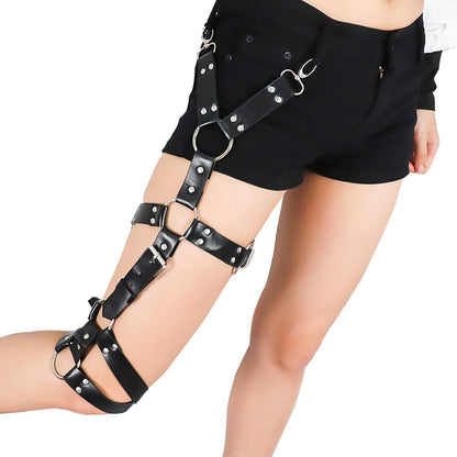 Damen Punk PU Leder Strumpfband Schwarz Einstellbar Gothic Harness
