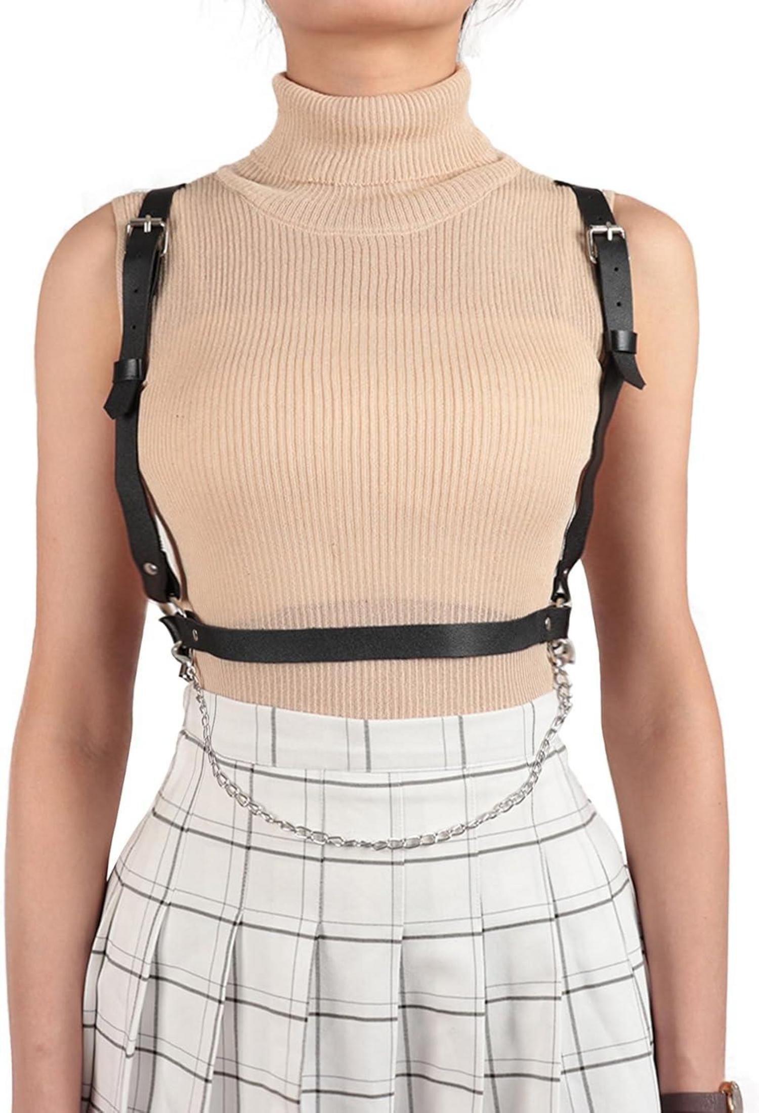 Damen Punk Leder Harness Body Schwarz Metallkette