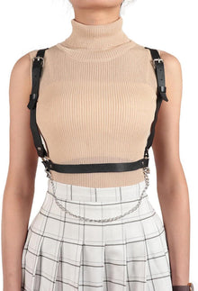Damen Punk Leder Harness Body Schwarz Metallkette